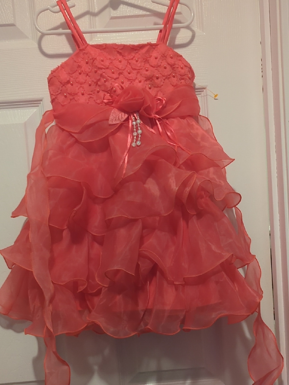 Coral Ruffle Organza Girls Formal Dress with Bow
